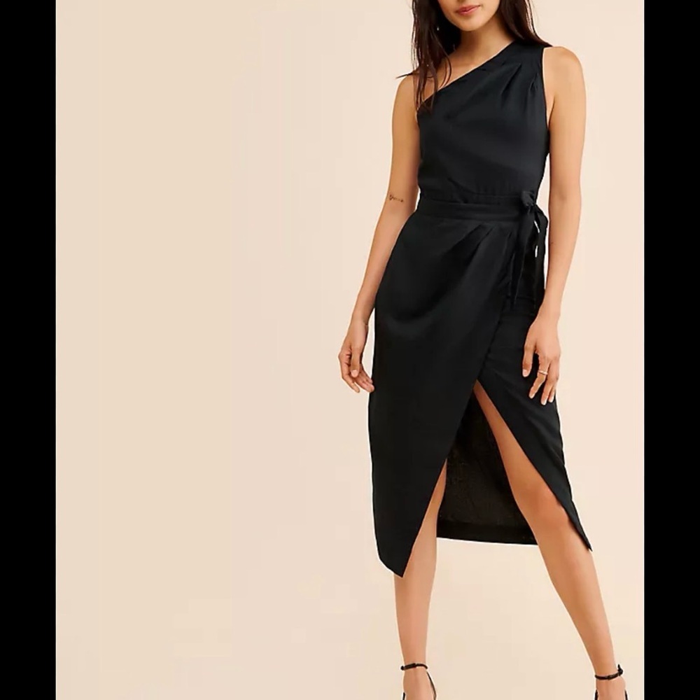 Anthropologie Black One-Shoulder Wrap Midi Dress Size 4
